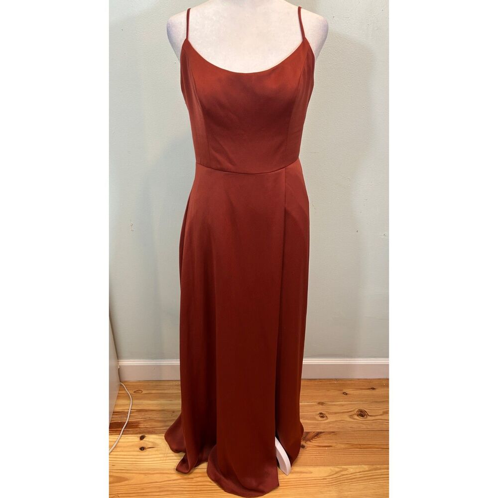 DB Studio Rust Brown Spaghetti Strap Slit Maxi Dress Size 8 Simple Modest Gown